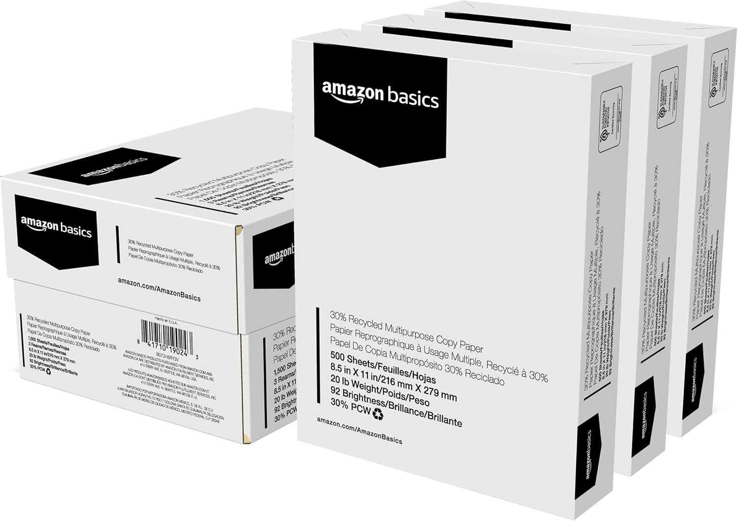 Amazon Basics 30% Recycled Multipurpose Copy Printer Paper, 8.5" x 11", 3 Reams, 1500 Count (Sheets), White