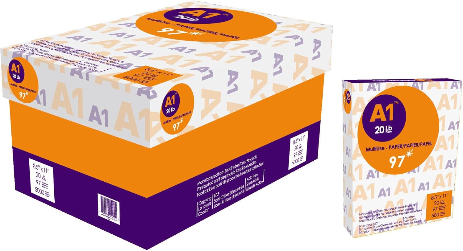 A1 Premium Multipurpose Printer Paper 8.5" x 11" – 20 lb, 97 Bright, 10 Ream Case, 5000 Count (Sheets), Letter Size Copy Paper for Inkjet, Laser, Copier, Fax & Photocopy Machines
