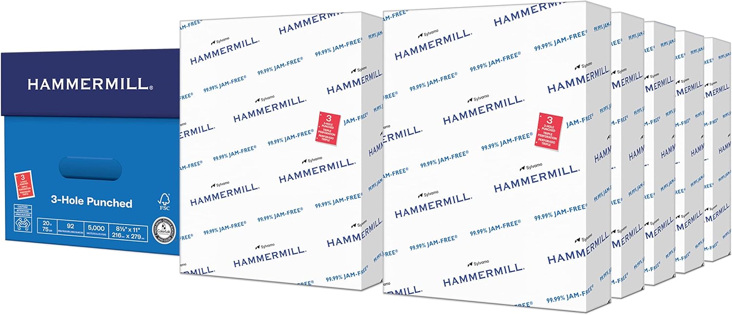Hammermill 3-Hole Copy Paper – 8.5" x 11", 20 lb, 92 Bright, 10 Ream Case (5,000 Sheets), Pre-Punched Printer Paper, Made in USA