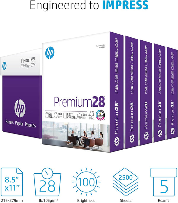 HP Compatible Premium Printer Paper 8.5 x 11 – 28 lb, 100 Bright, 5 Ream Case (2,500 Sheets), Ultra White Copy Paper, FSC Certified, Made in USA – 205200C