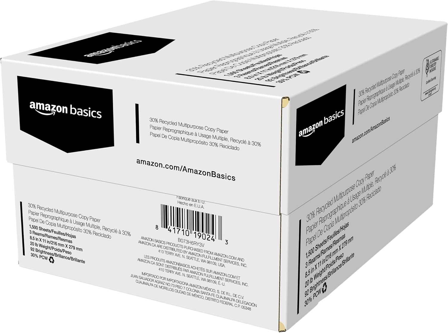 Amazon Basics 30% Recycled Multipurpose Copy Printer Paper, 8.5" x 11", 3 Reams, 1500 Count (Sheets), White