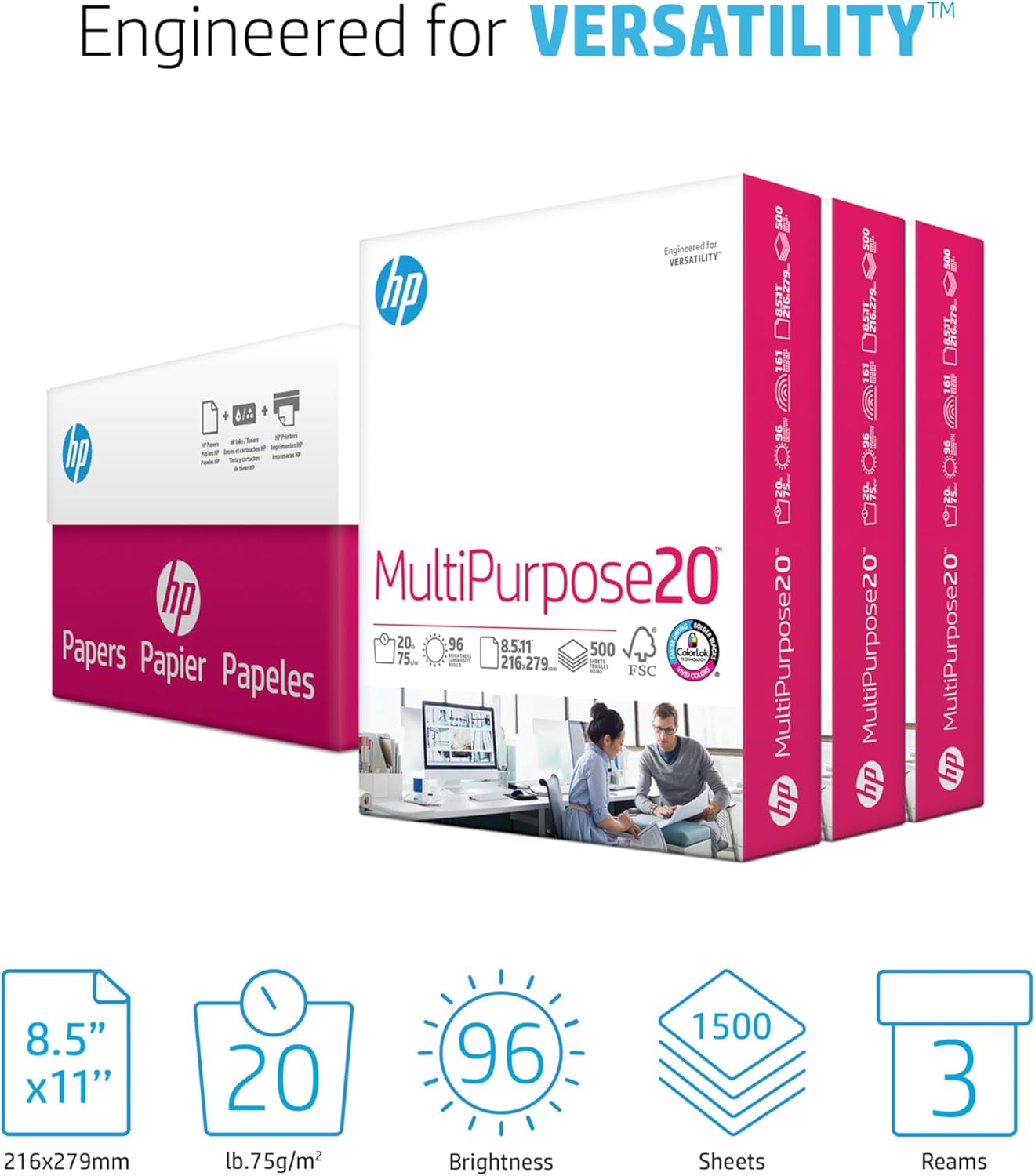 HP Compatible Printer Paper "8.5 x 11" – Multipurpose Copy Paper, 20 lb, 96 Bright, 3 Ream Case (1,500 Sheets), FSC Certified, Made in USA – 112530C