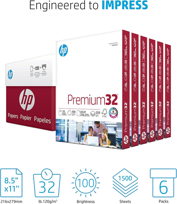 HP Compatible Premium Printer Paper 8.5" x 11" – 32 lb, 100 Bright, 6 Pack Case (1,500 Sheets), Ultra White Copy Paper, FSC Certified, Made in USA – 113500C