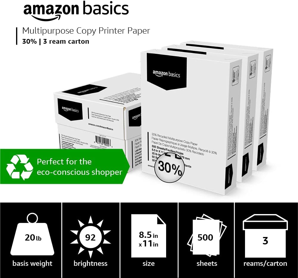 Amazon Basics 30% Recycled Multipurpose Copy Printer Paper, 8.5" x 11", 3 Reams, 1500 Count (Sheets), White