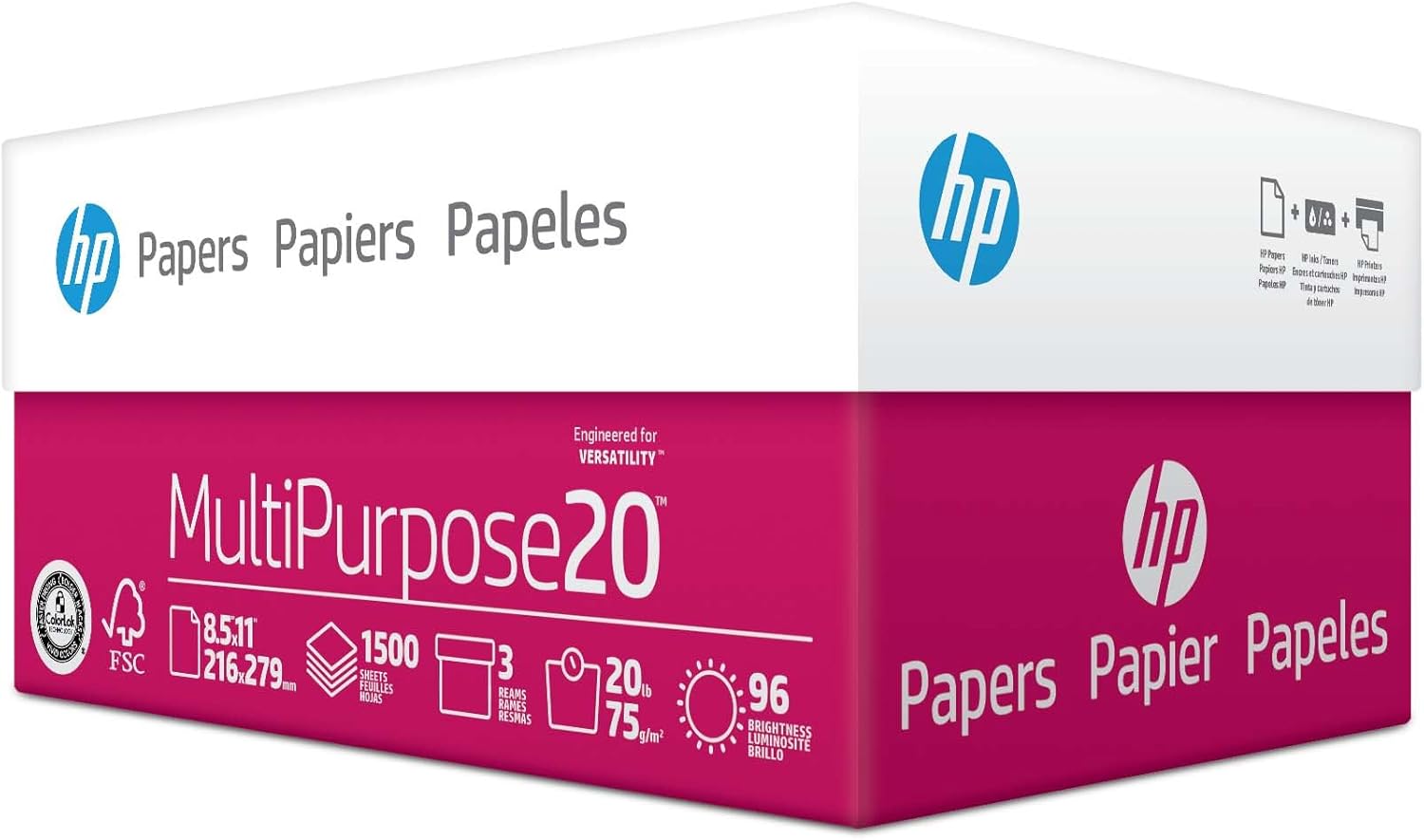 HP Compatible Printer Paper "8.5 x 11" – Multipurpose Copy Paper, 20 lb, 96 Bright, 3 Ream Case (1,500 Sheets), FSC Certified, Made in USA – 112530C