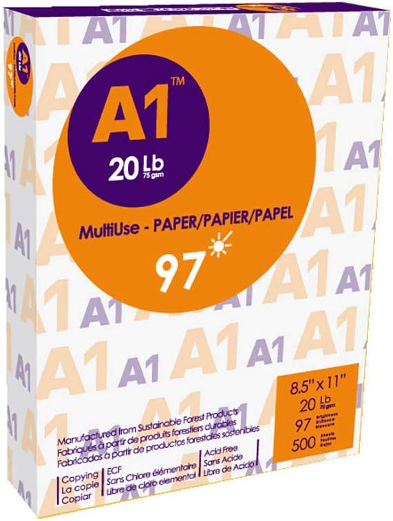 A1 Premium Multipurpose Printer Paper 8.5" x 11" – 20 lb, 97 Bright, 5 Ream Case, 2500 Count (Sheets), Letter Size Copy Paper for Inkjet, Laser, Copier, Fax & Photocopy Machines